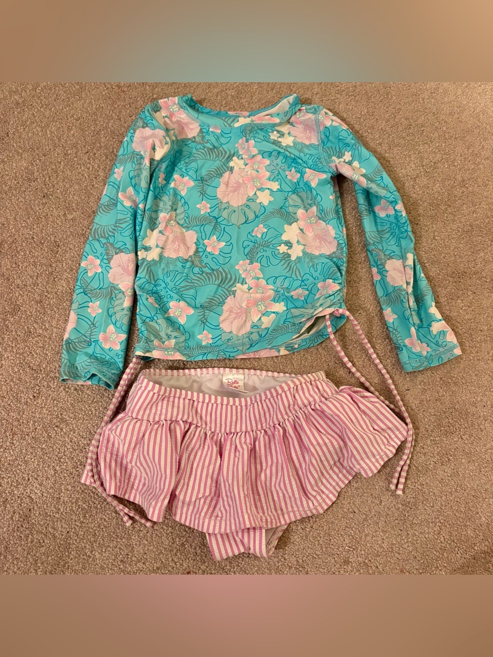 Ruffle Butts Teal Floral Rash Guard with Pink Striped Swim Skirt size 5